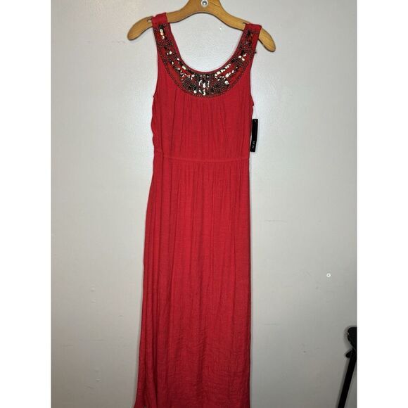 Women's AGB Red Beaded Sleeveless Long Dress‎ Size Small - Picture 1 of 4